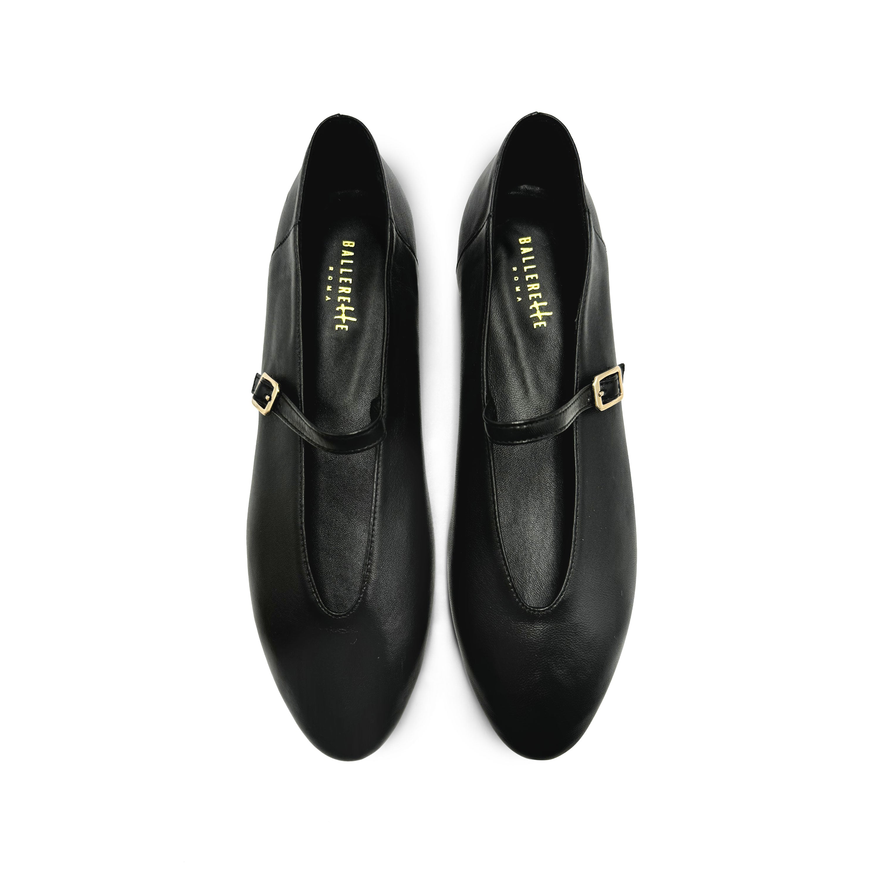 Black leather ballet flats with V-cut and strap