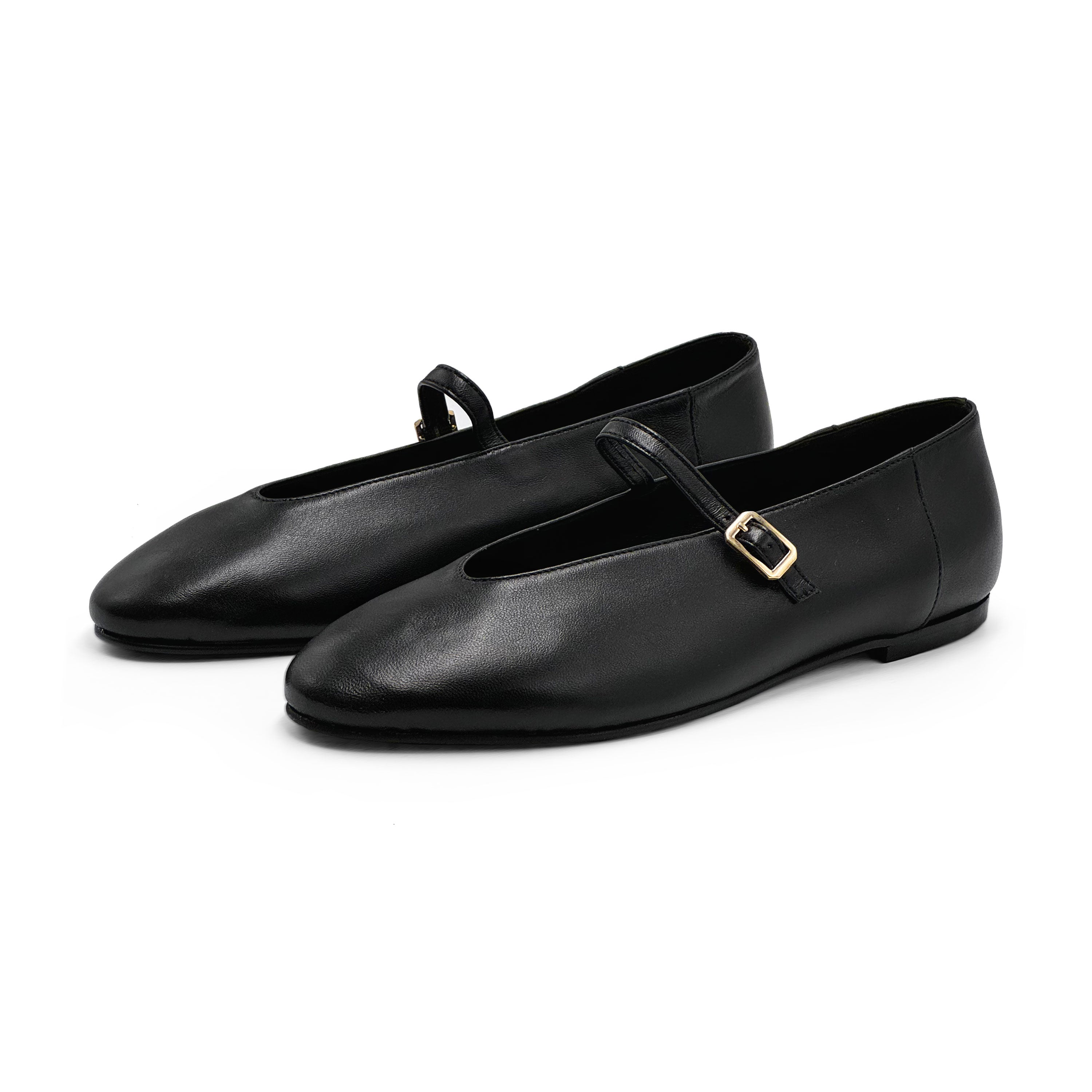 Black leather ballet flats with V-cut and strap