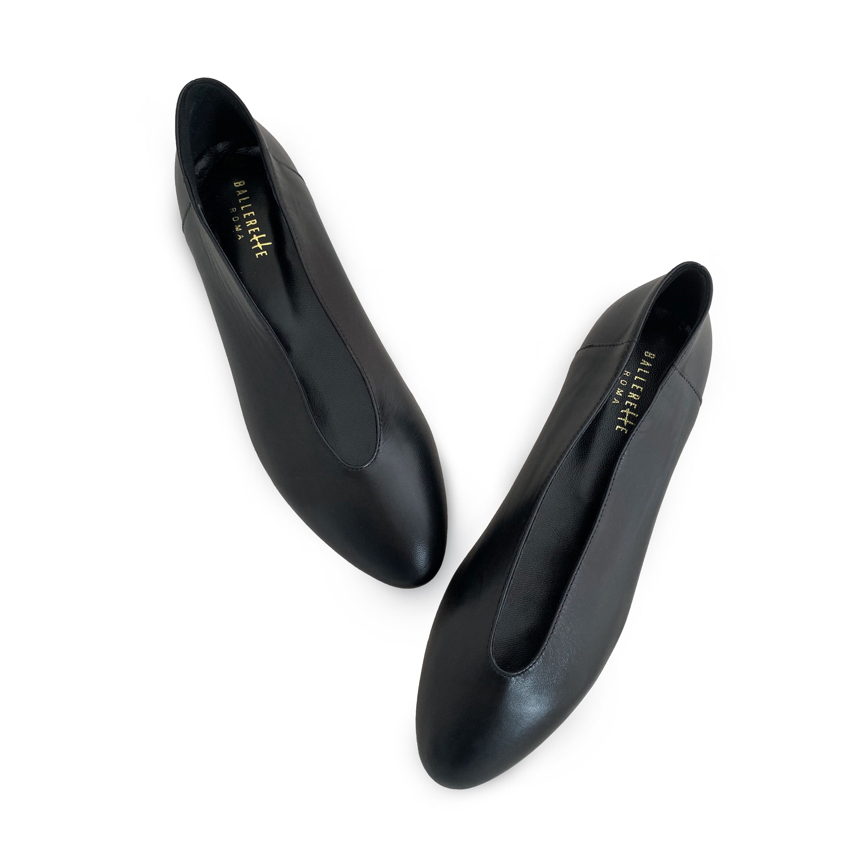 Black leather ballet flats with V-cut