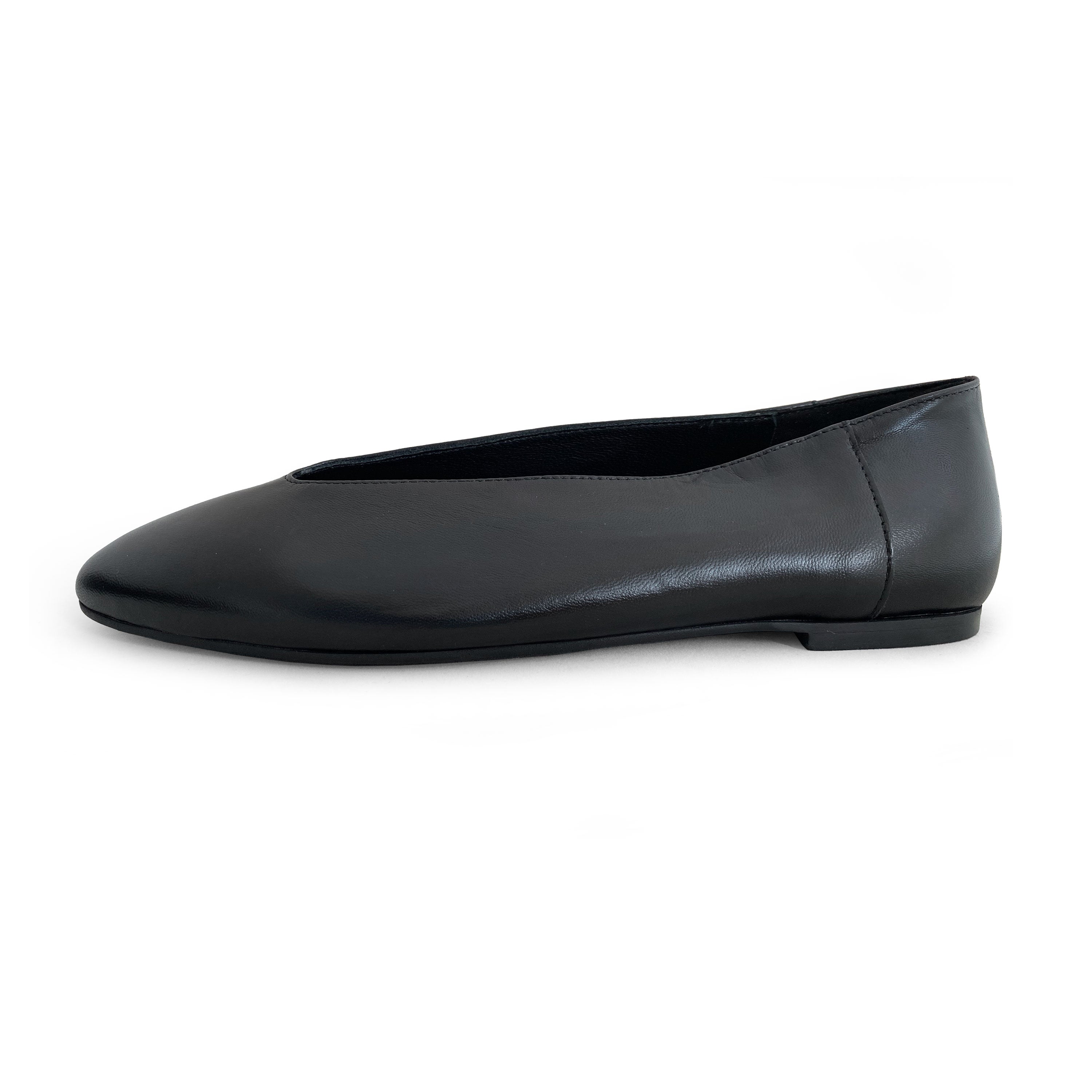 Black leather ballet flats with V-cut