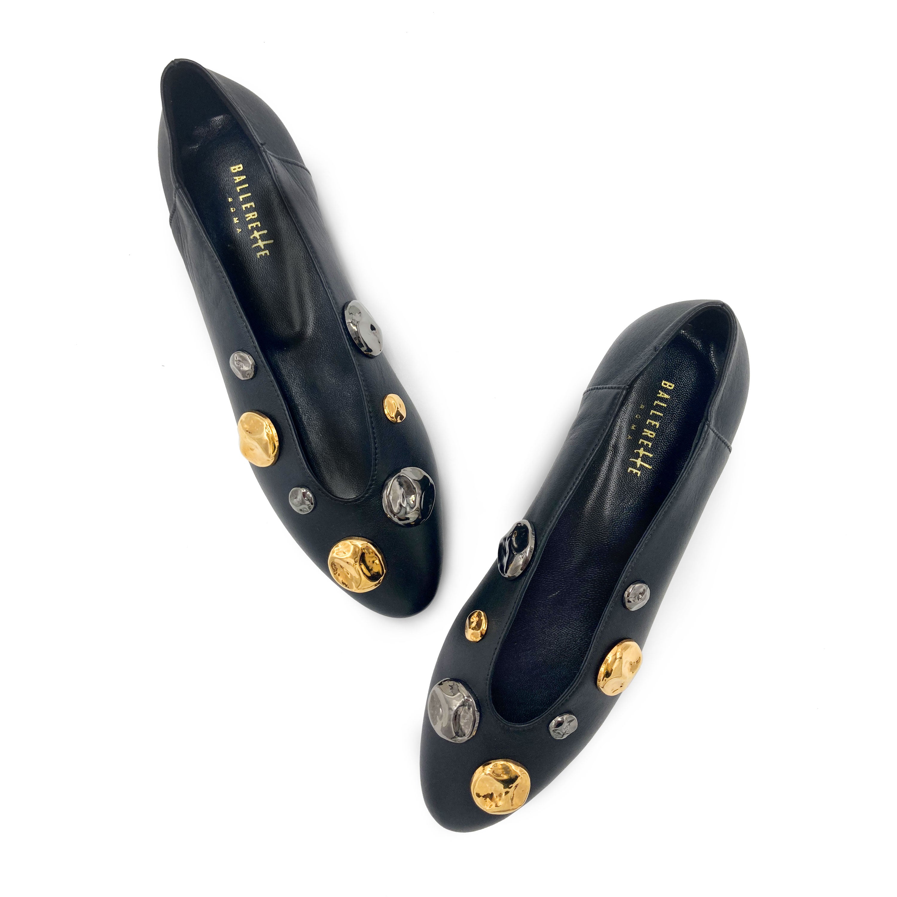 Black leather high shoe-vamp flats with gold and iron studs