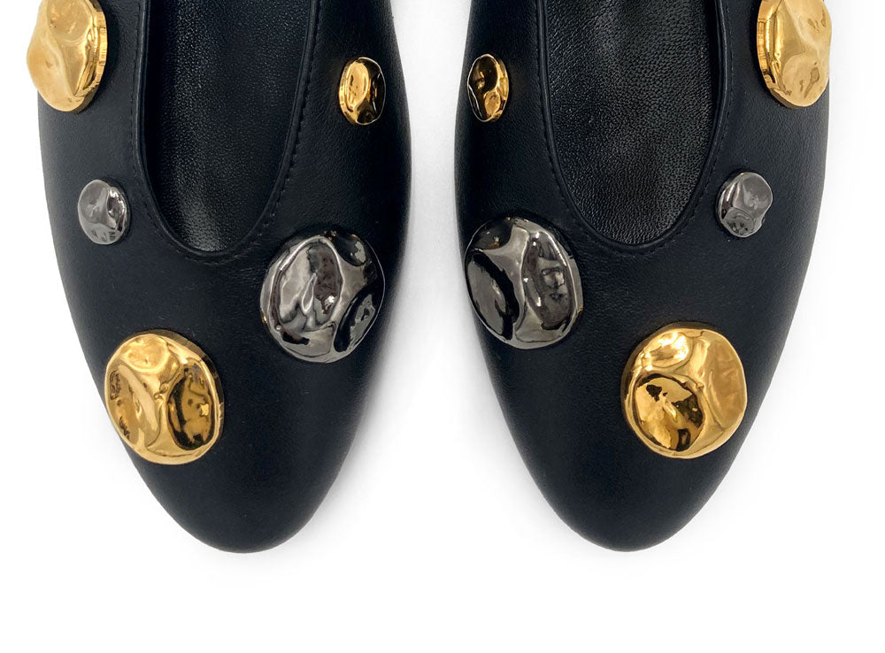 Black leather high shoe-vamp flats with gold and iron studs