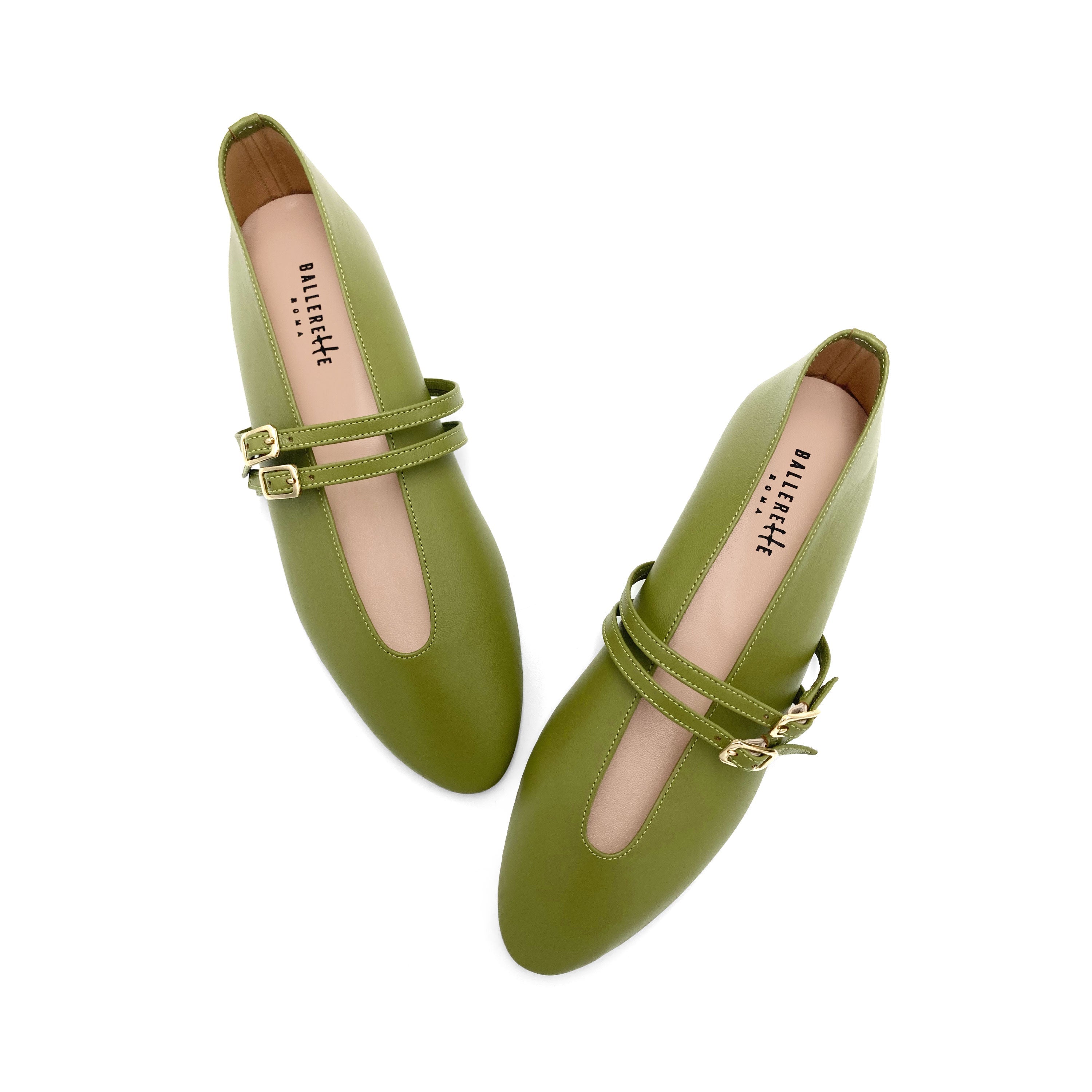 Olive Green Leather Ballet Flats with V-Cut and Straps