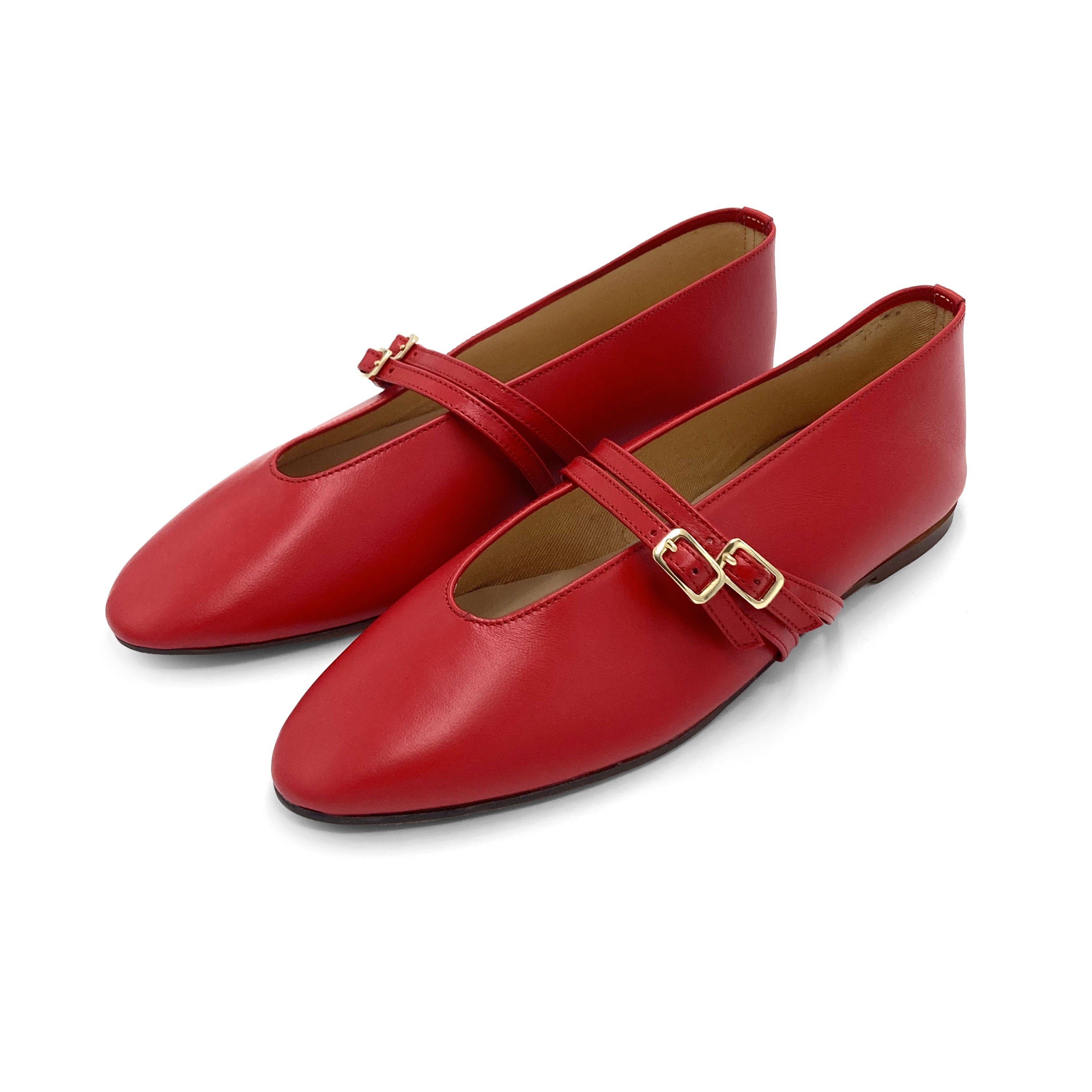 Red Leather Ballet Flats with V-Cut and Straps