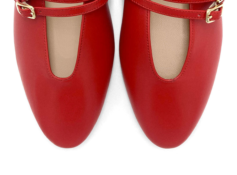 Red Leather Ballet Flats with V-Cut and Straps