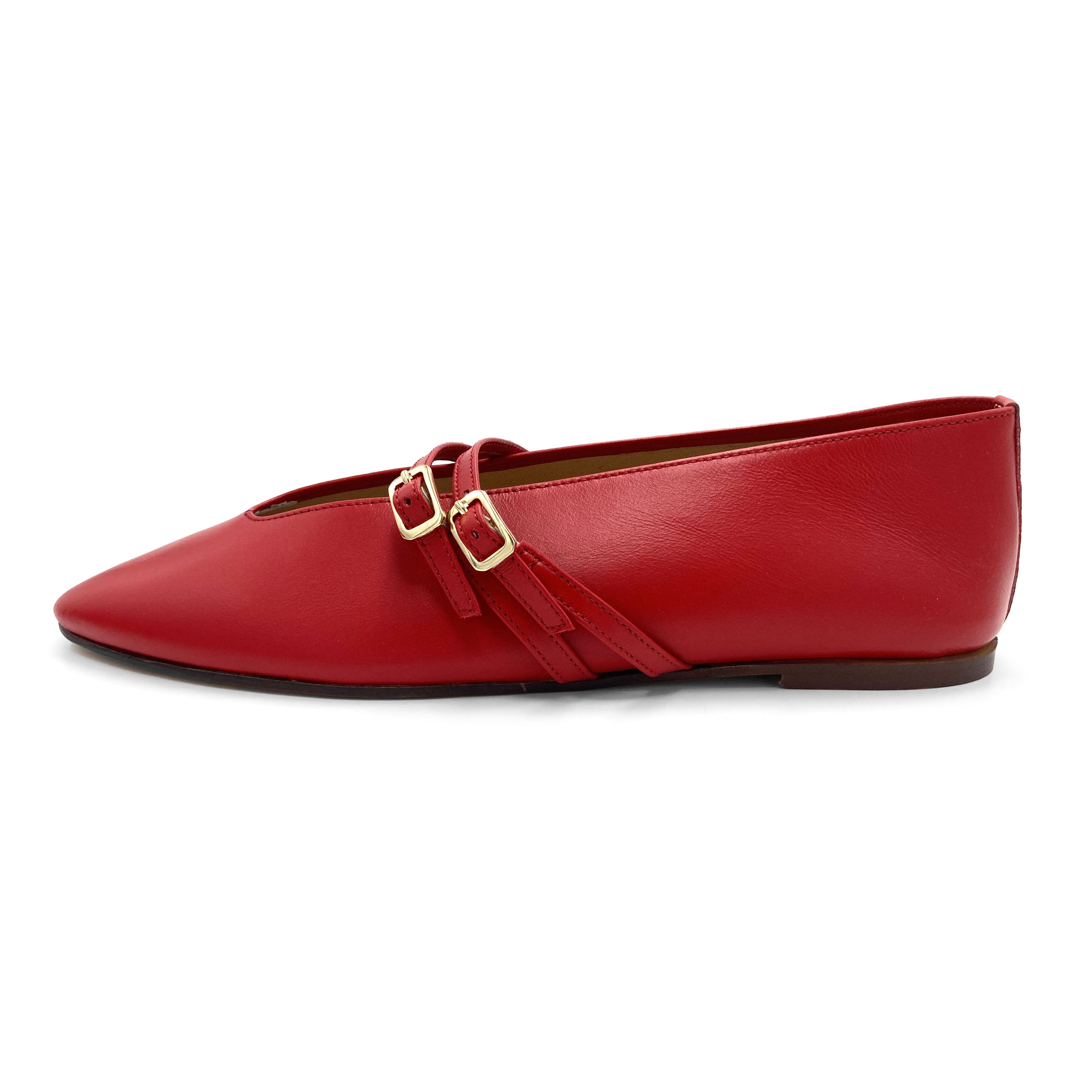 Red Leather Ballet Flats with V-Cut and Straps