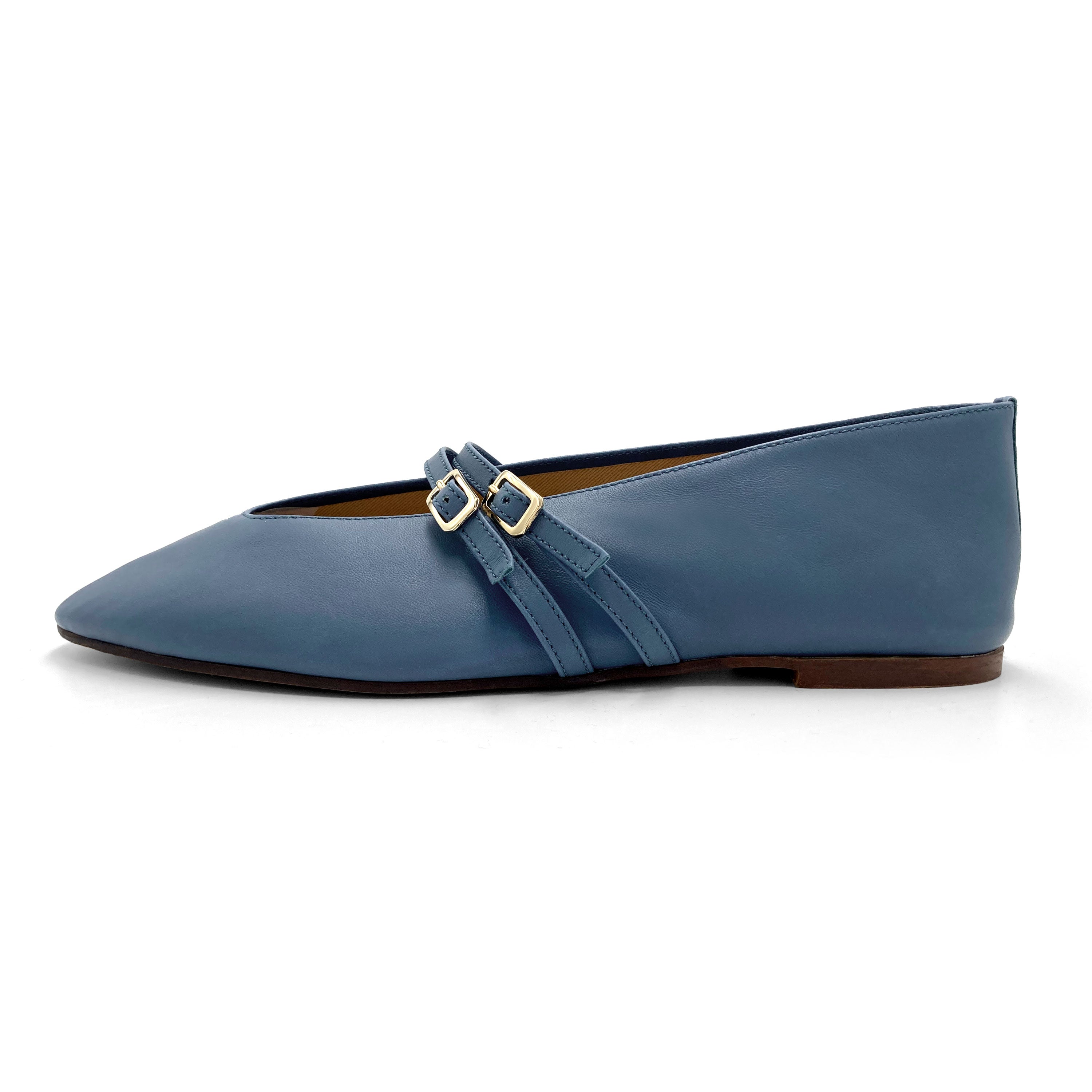 Cerulean Blue Leather Ballet Flats with V-Cut and Straps