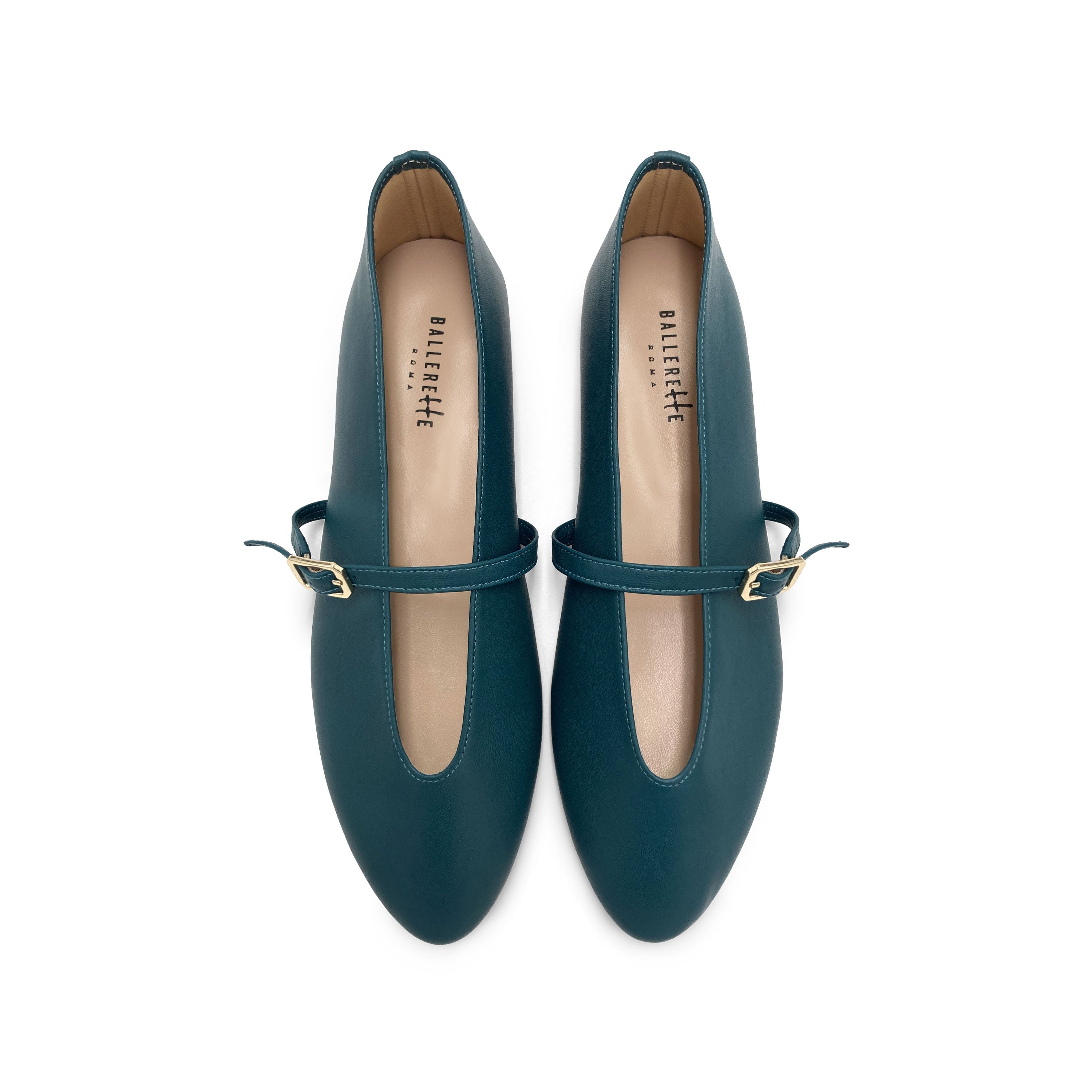 Petrol blue leather ballet flats with V-cut and strap