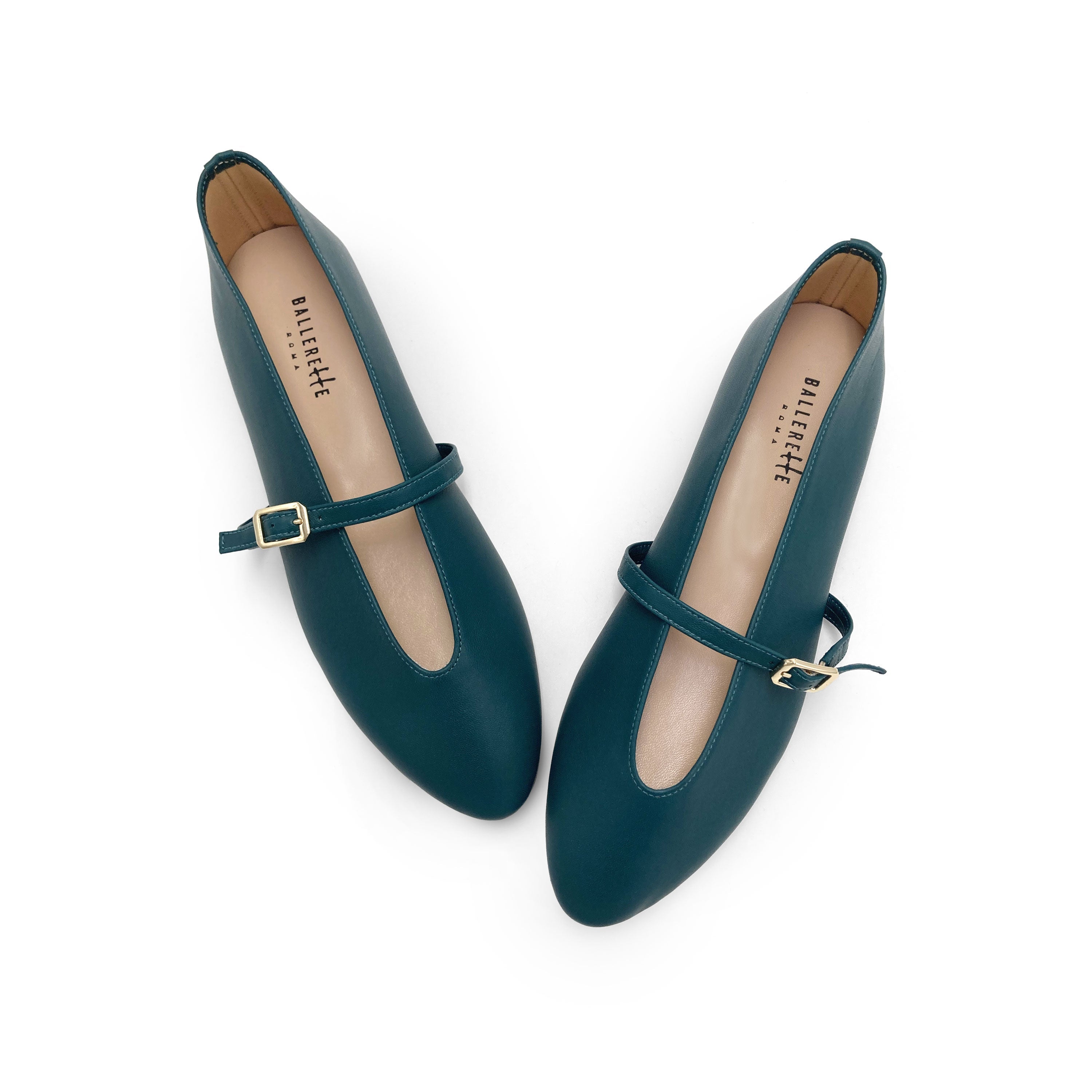 Petrol blue leather ballet flats with V-cut and strap