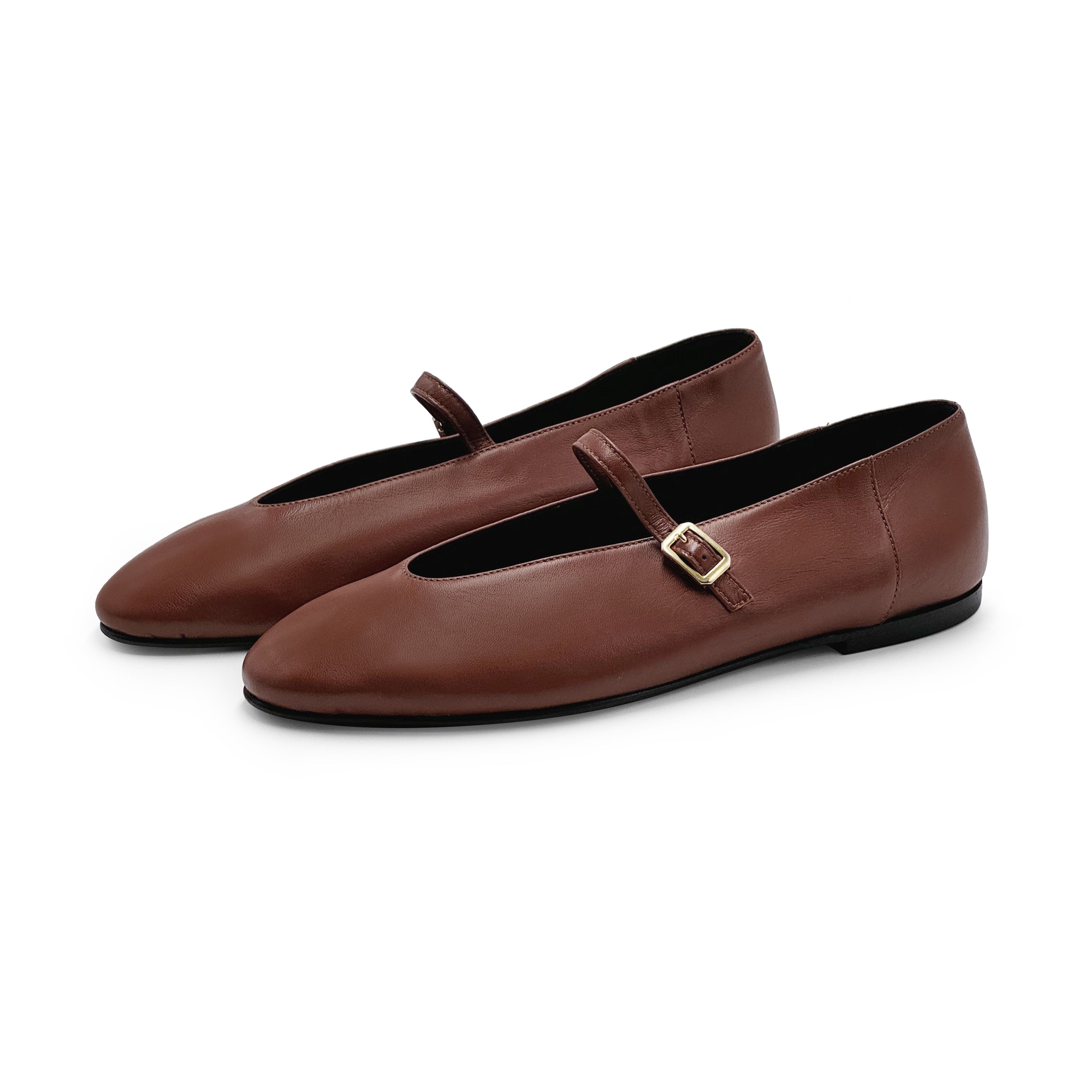 Brown leather ballet flats with V-cut and strap