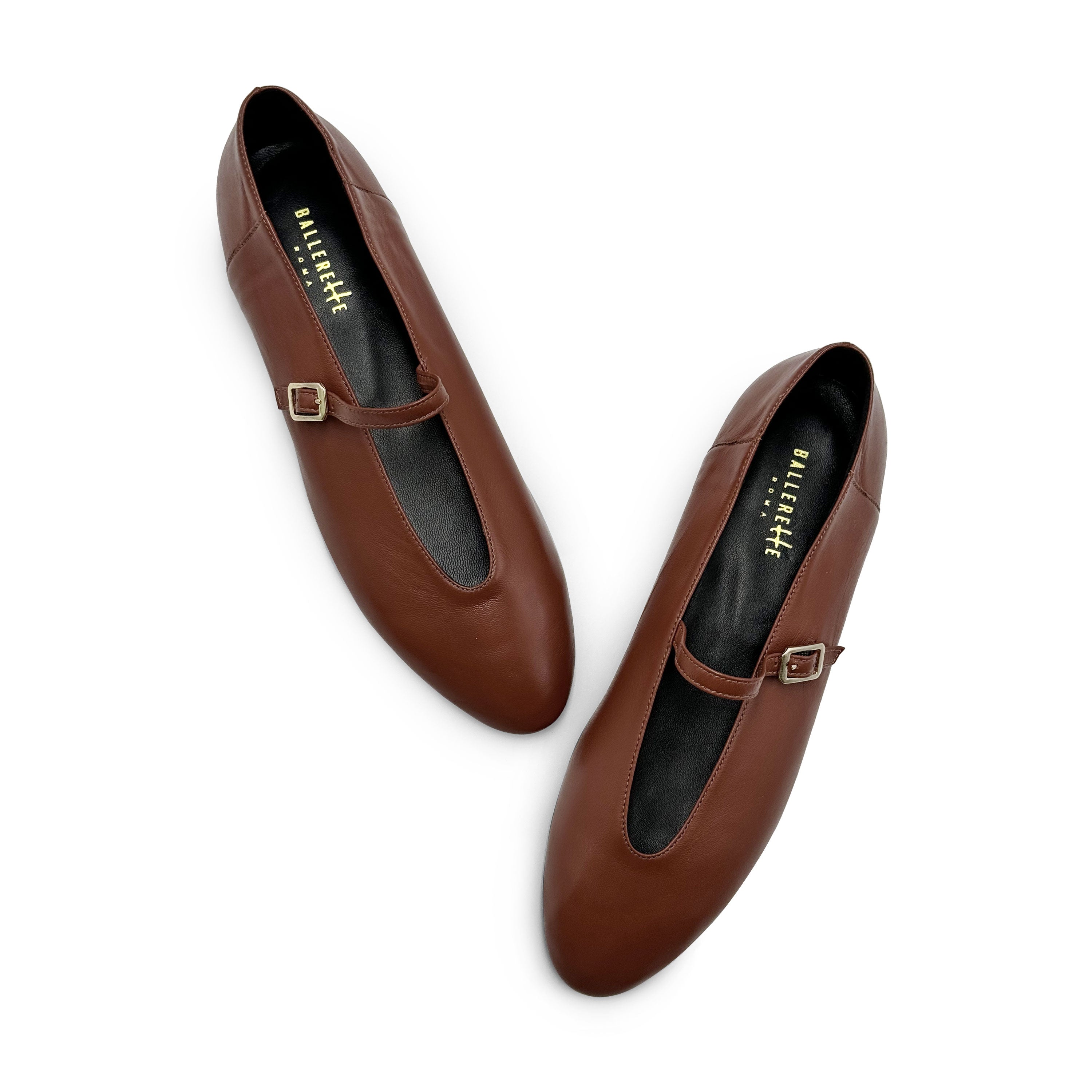 Brown leather ballet flats with V-cut and strap