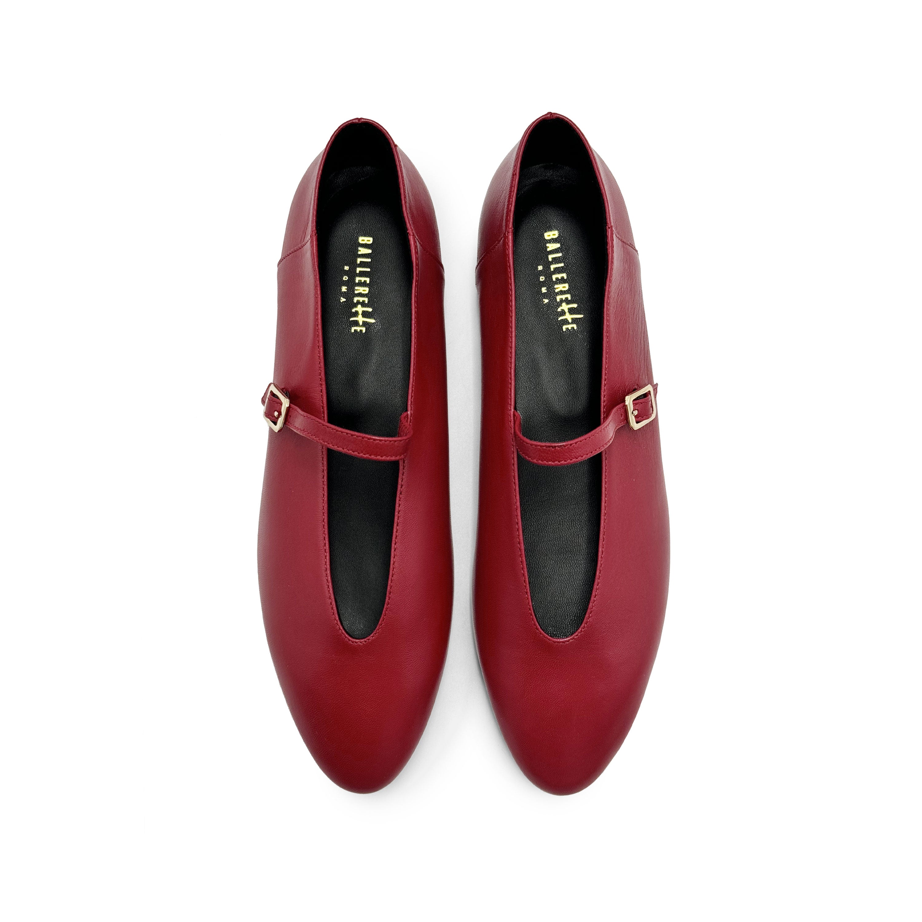 Cherry red leather ballet flats with V-cut and strap