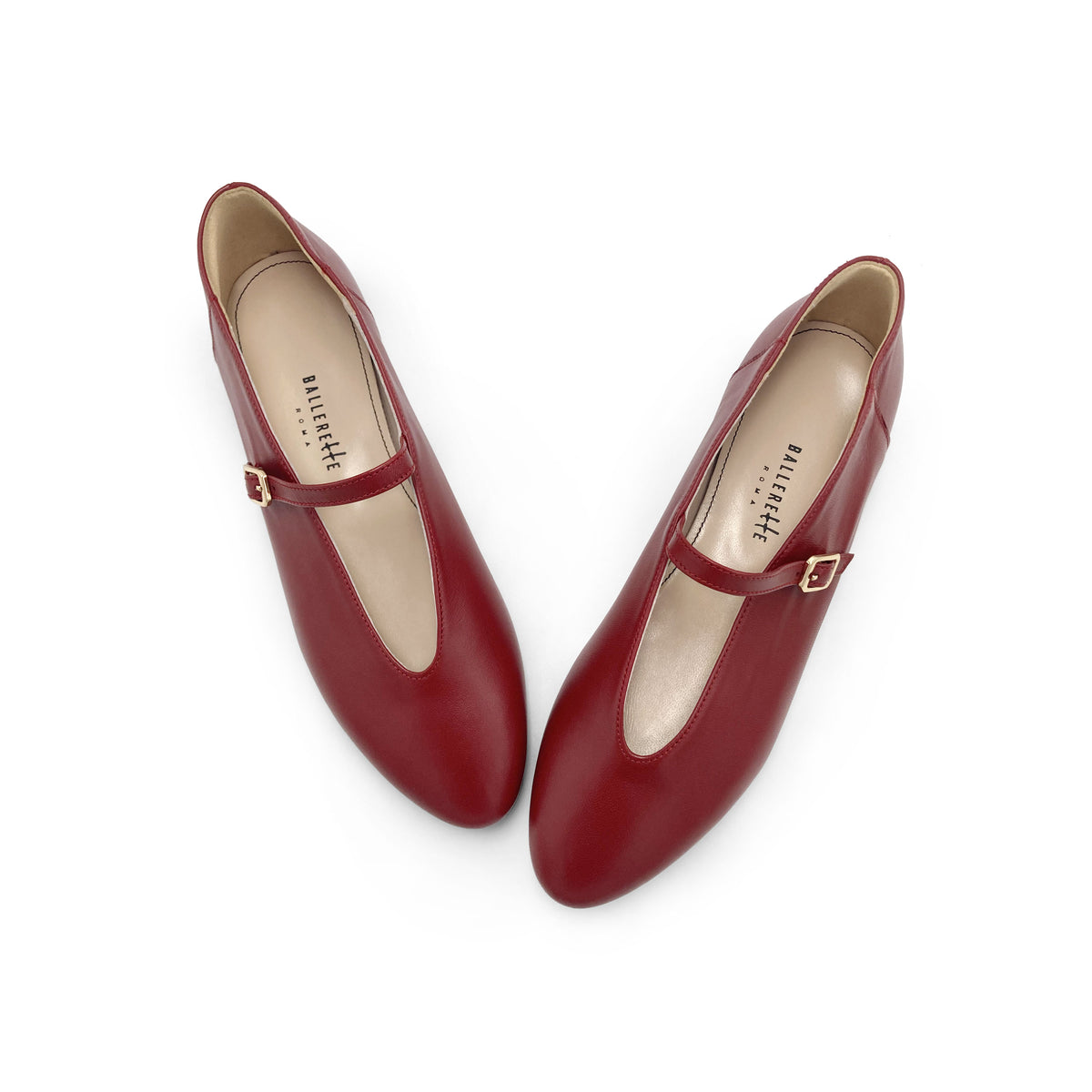 Cherry red leather ballet flats with V-cut and strap