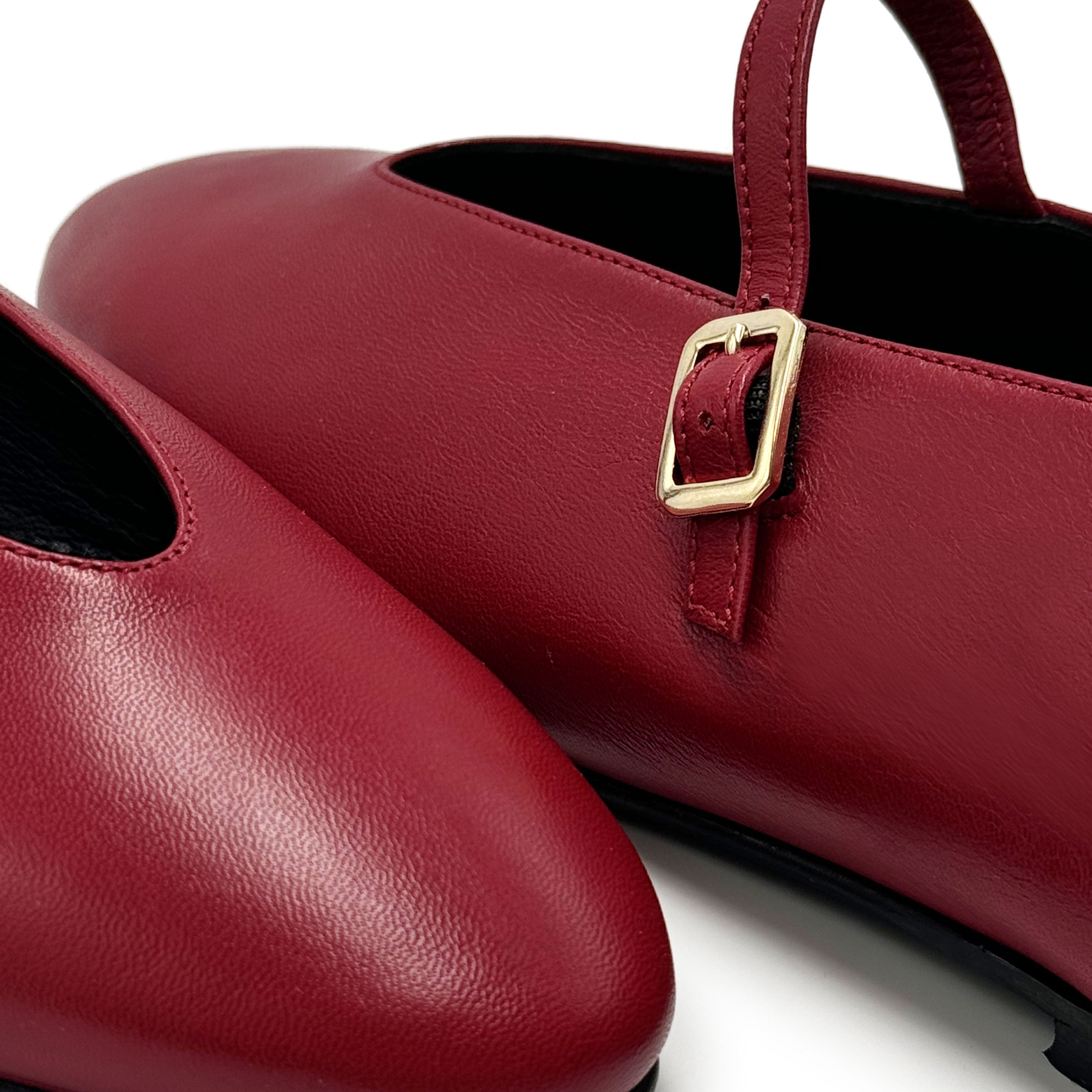 Cherry red leather ballet flats with V-cut and strap