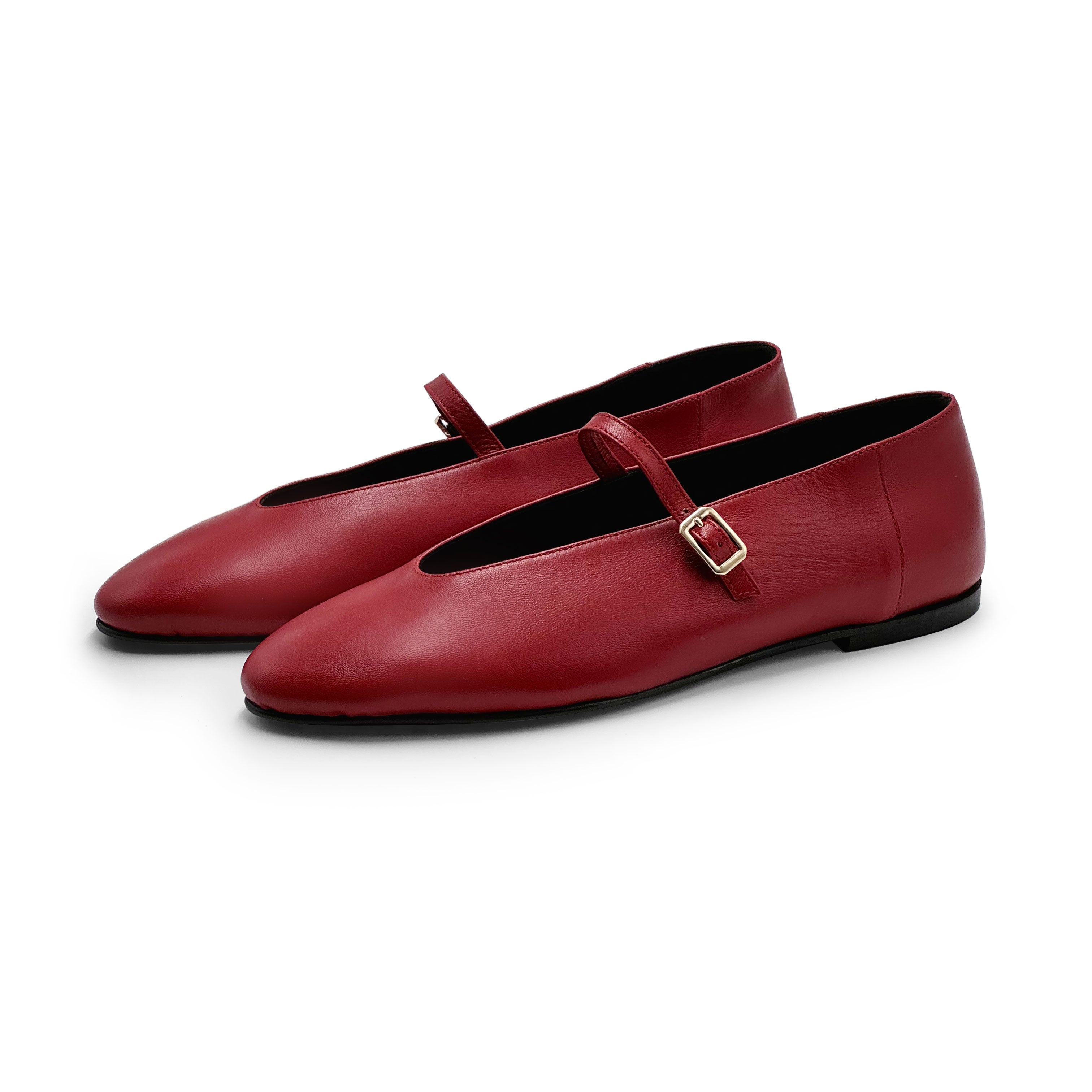 Cherry red leather ballet flats with V-cut and strap