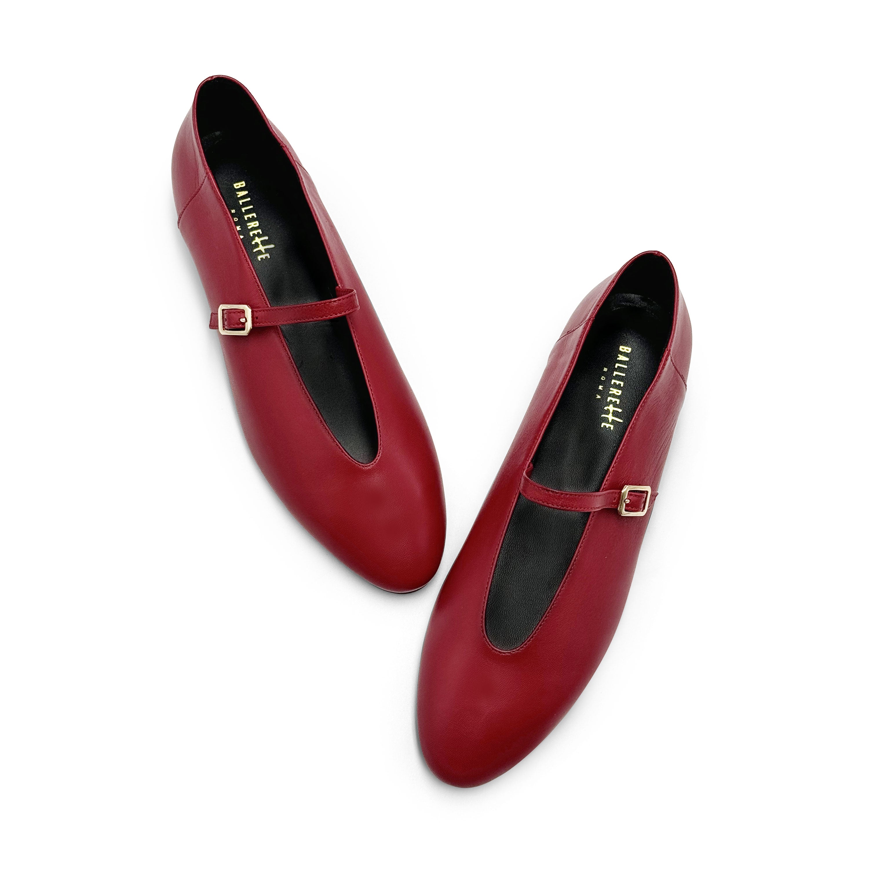 Cherry red leather ballet flats with V-cut and strap