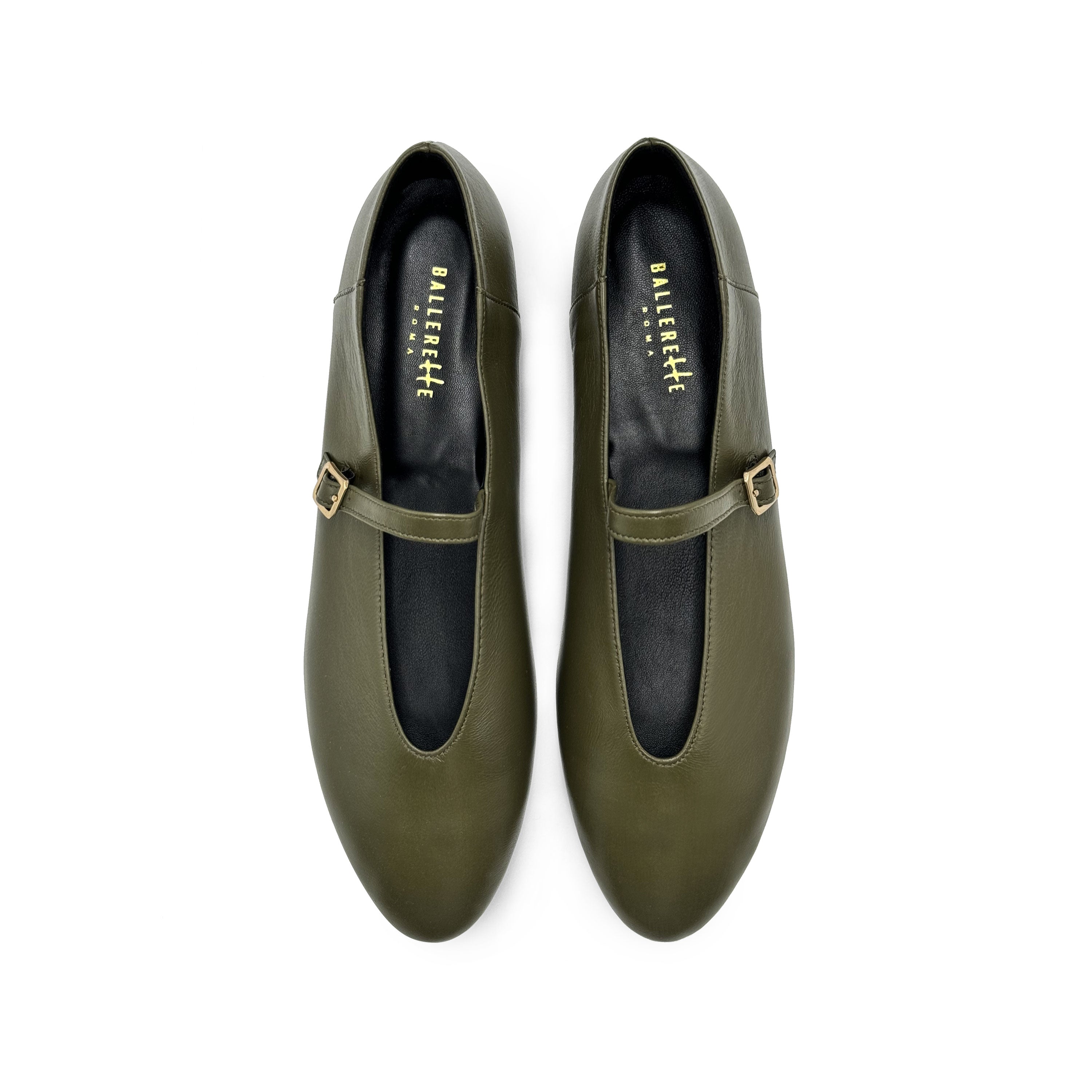 Olive green leather ballet flats with a V-cut and strap