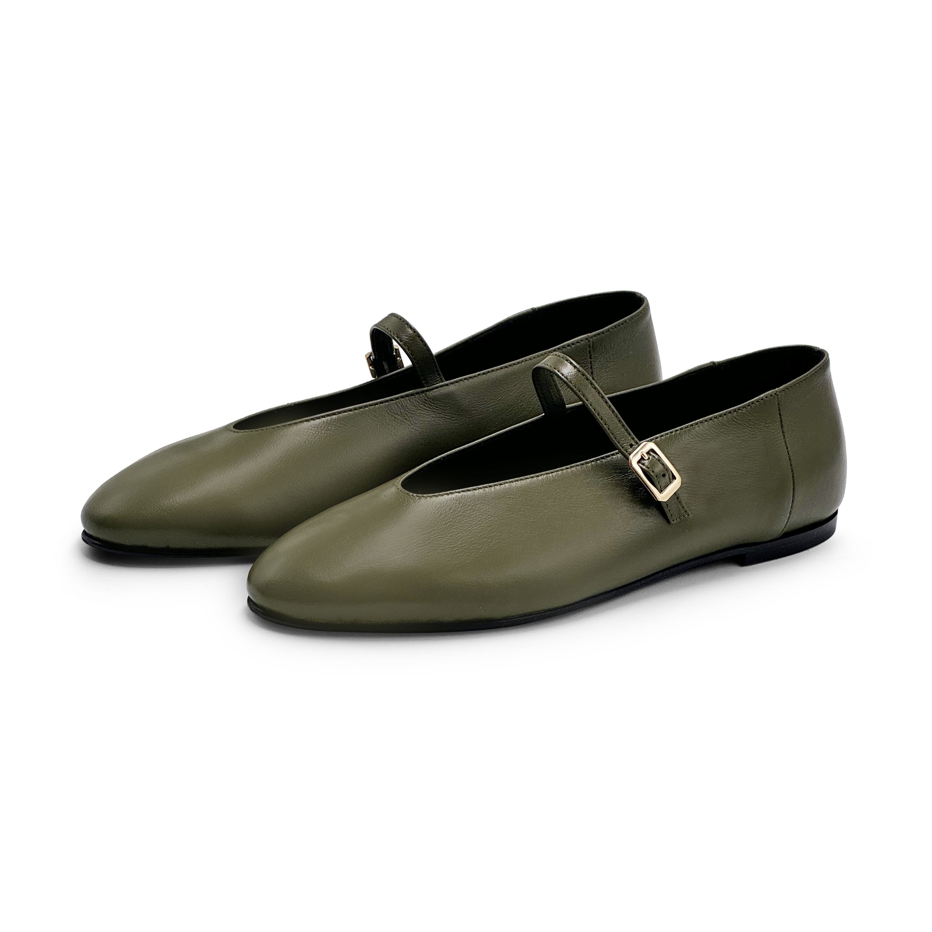 Olive green leather ballet flats with a V-cut and strap