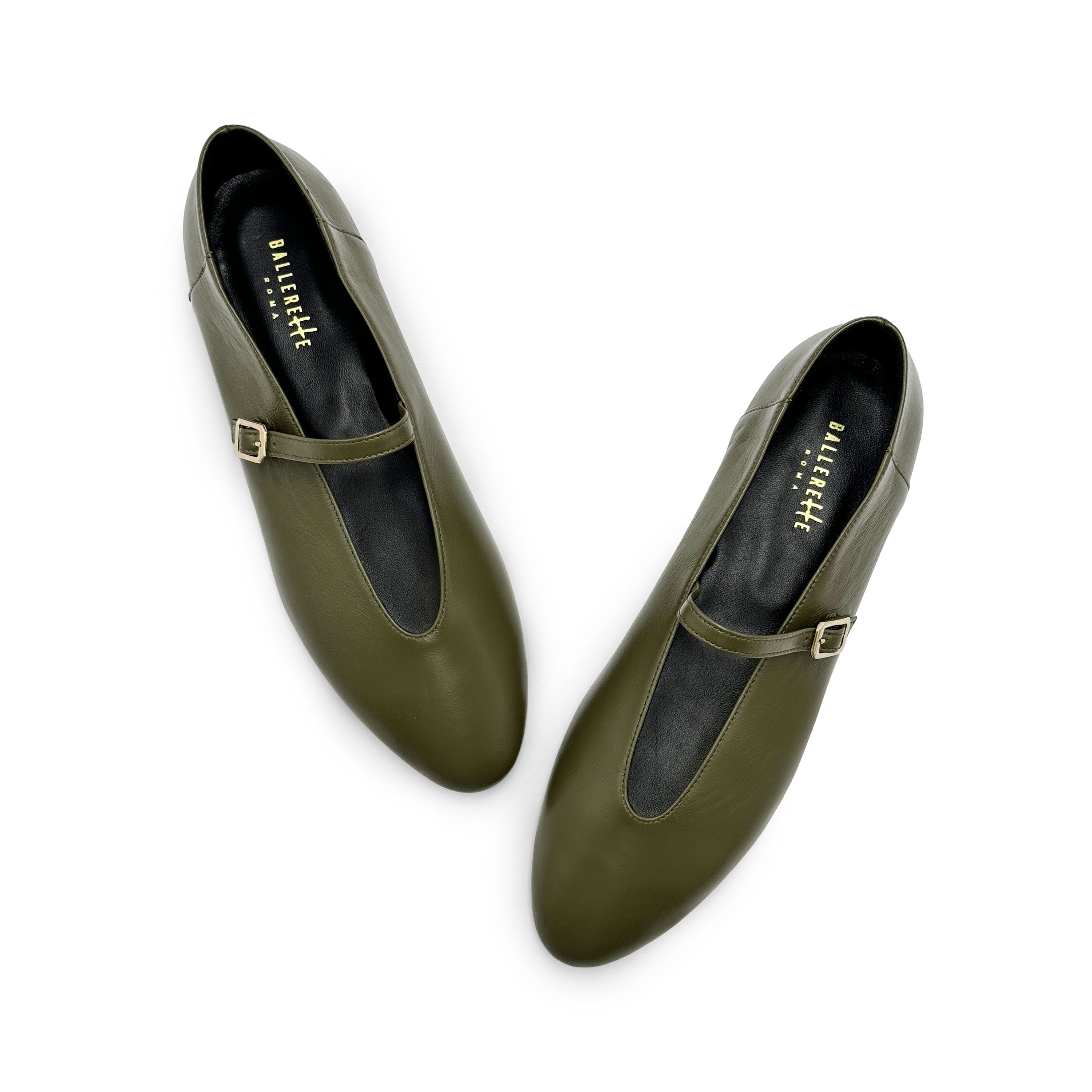 Olive green leather ballet flats with a V-cut and strap