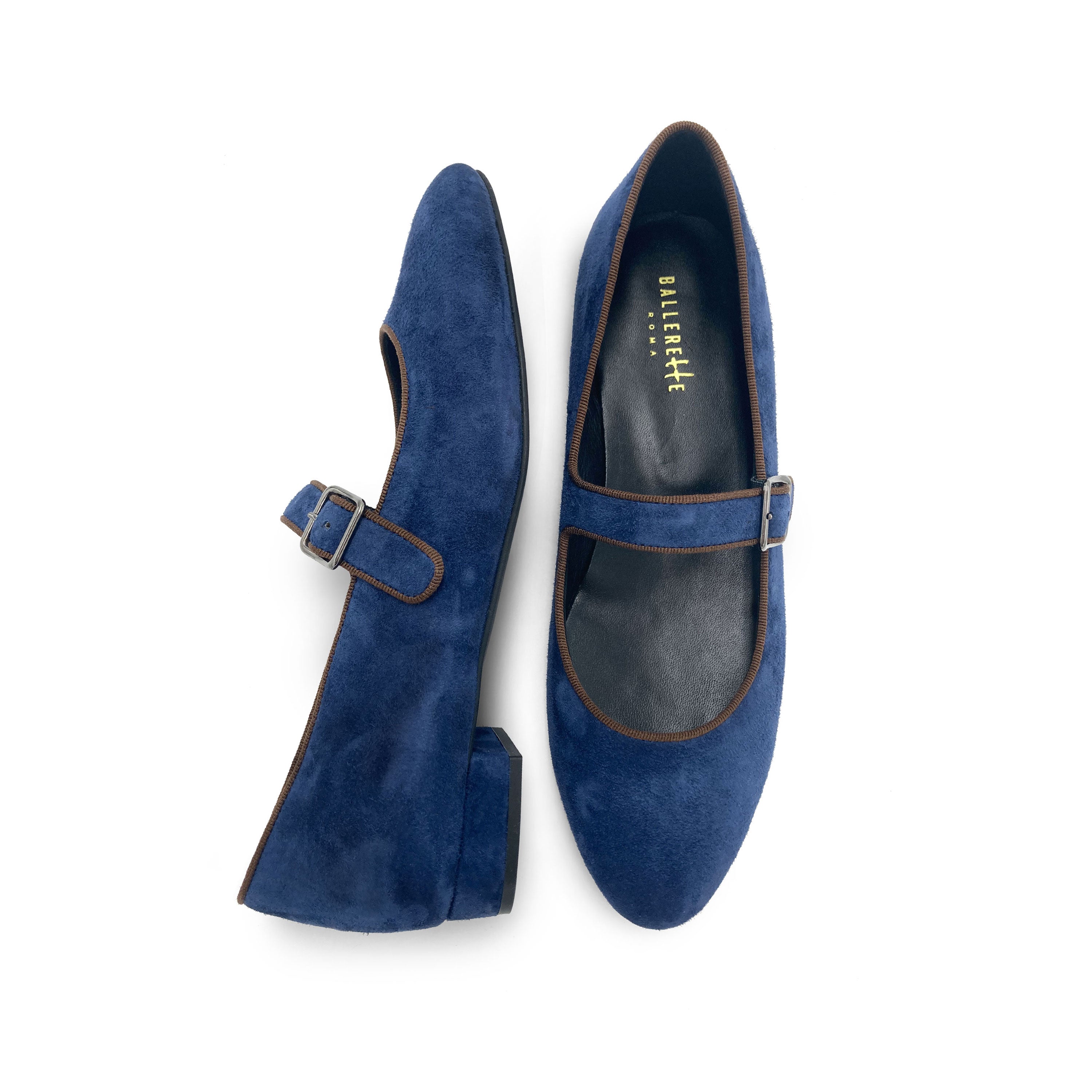 Mary jane ballet flats in blue suede with strap