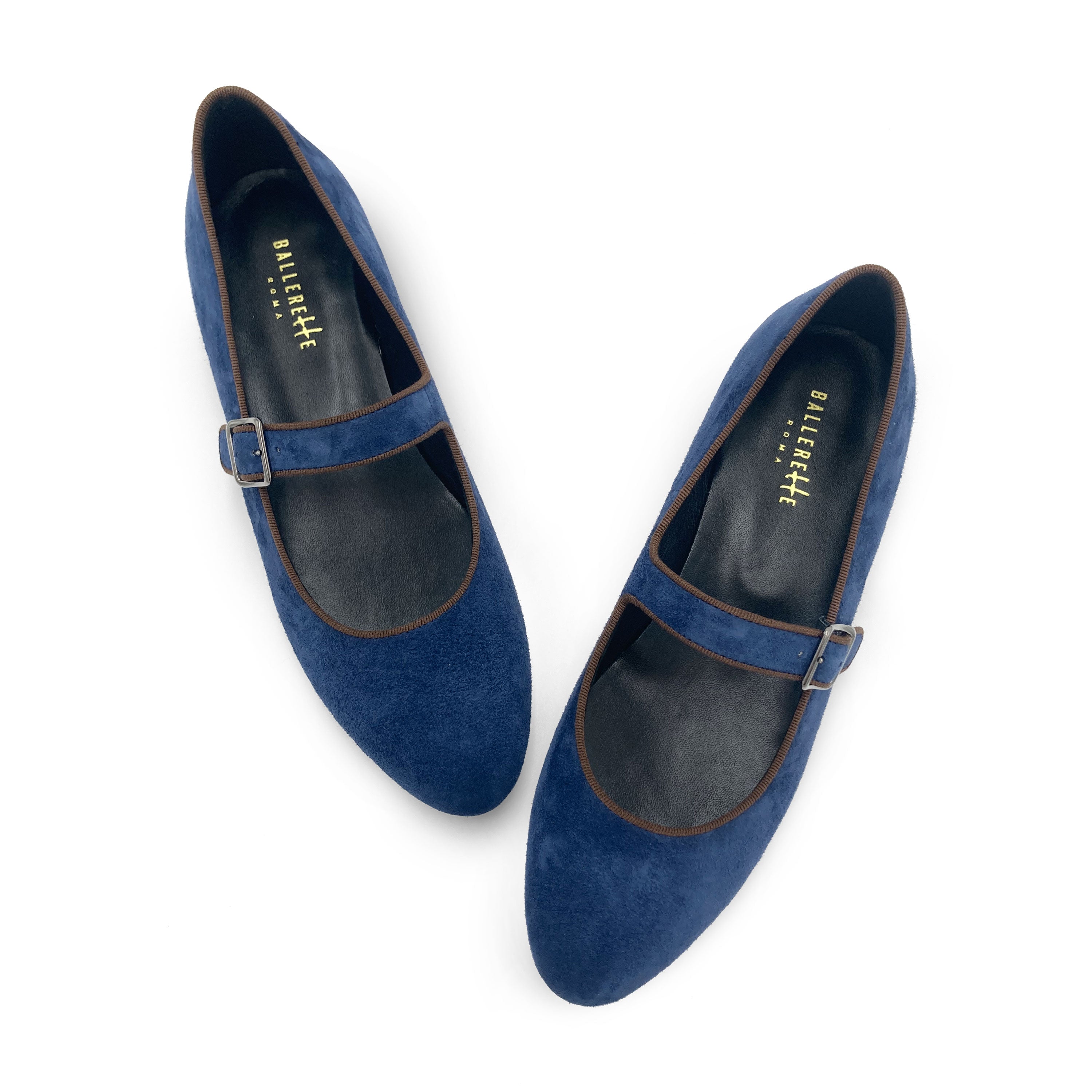 Mary jane ballet flats in blue suede with strap