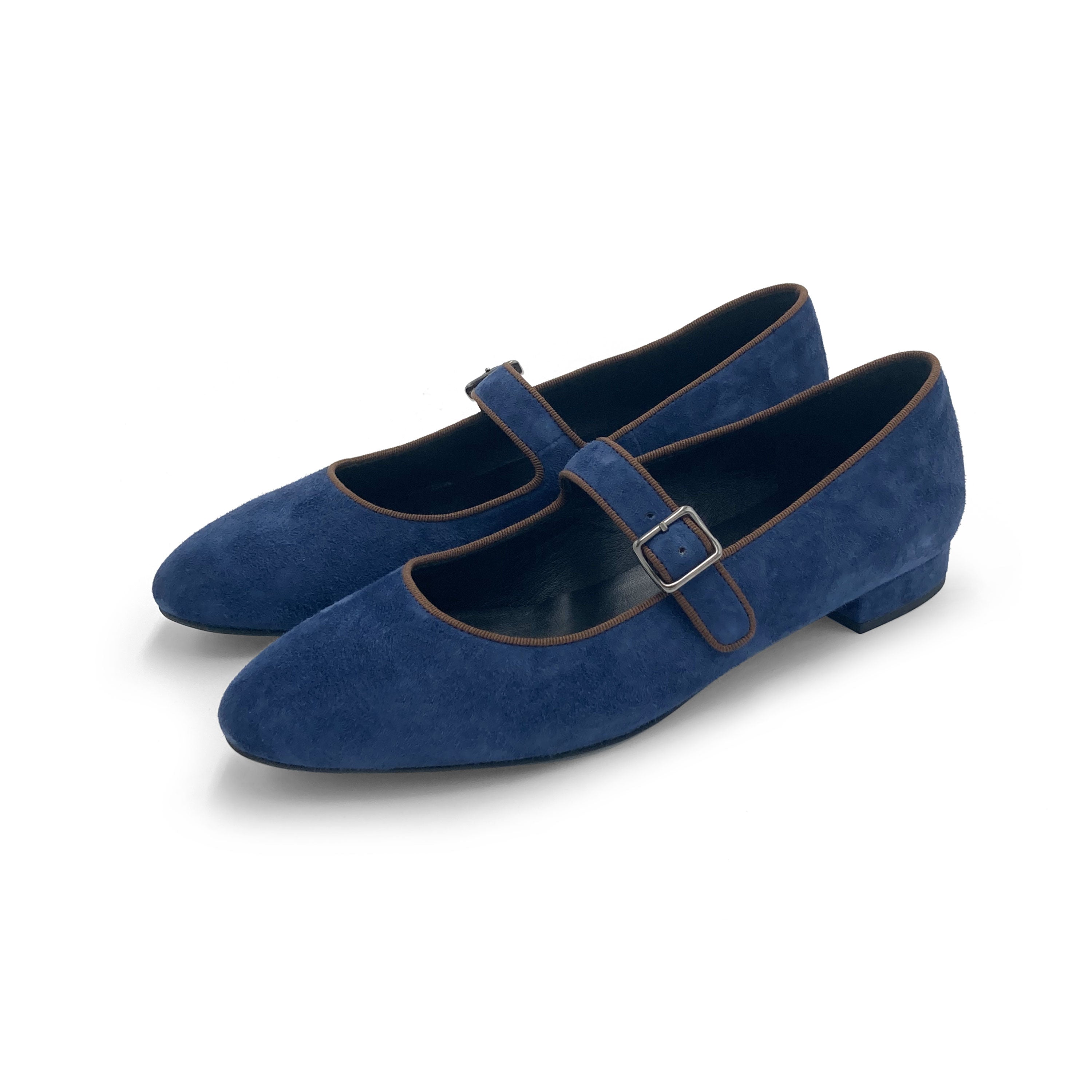 Mary jane ballet flats in blue suede with strap