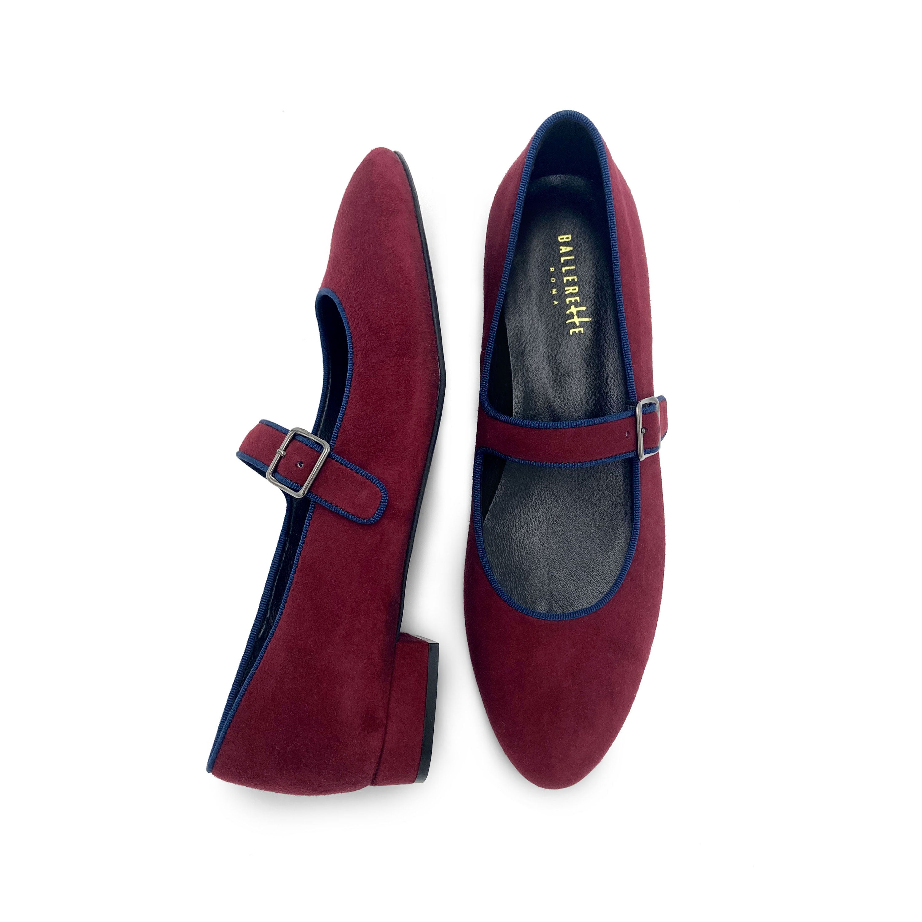 Mary jane ballet flats in burgundy suede with strap