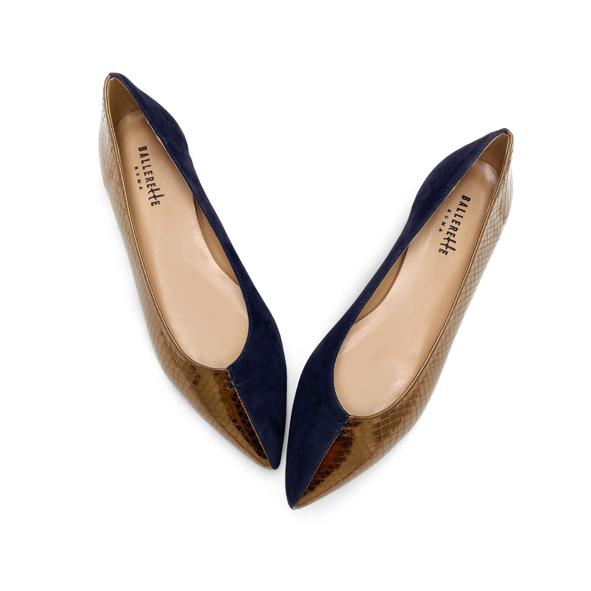 Bicolor pointed toe ballet flats bronze and blue