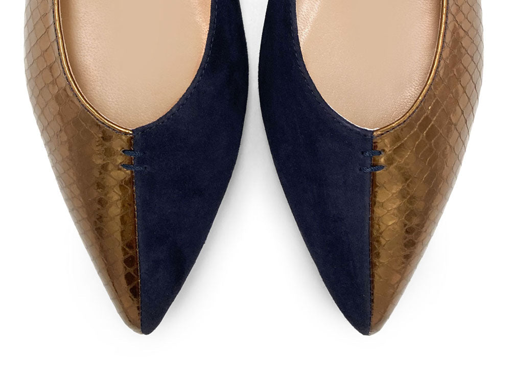 Bicolor pointed toe ballet flats bronze and blue