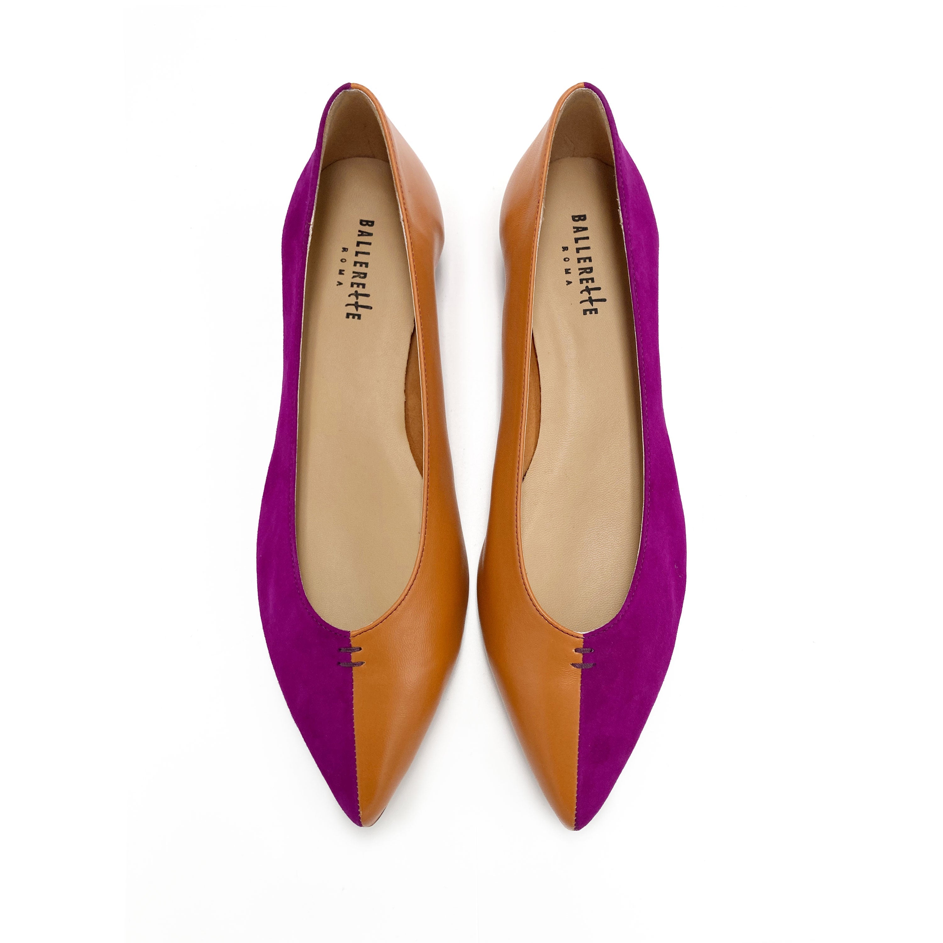 Bicolor pointed toe ballet flats brown and purple