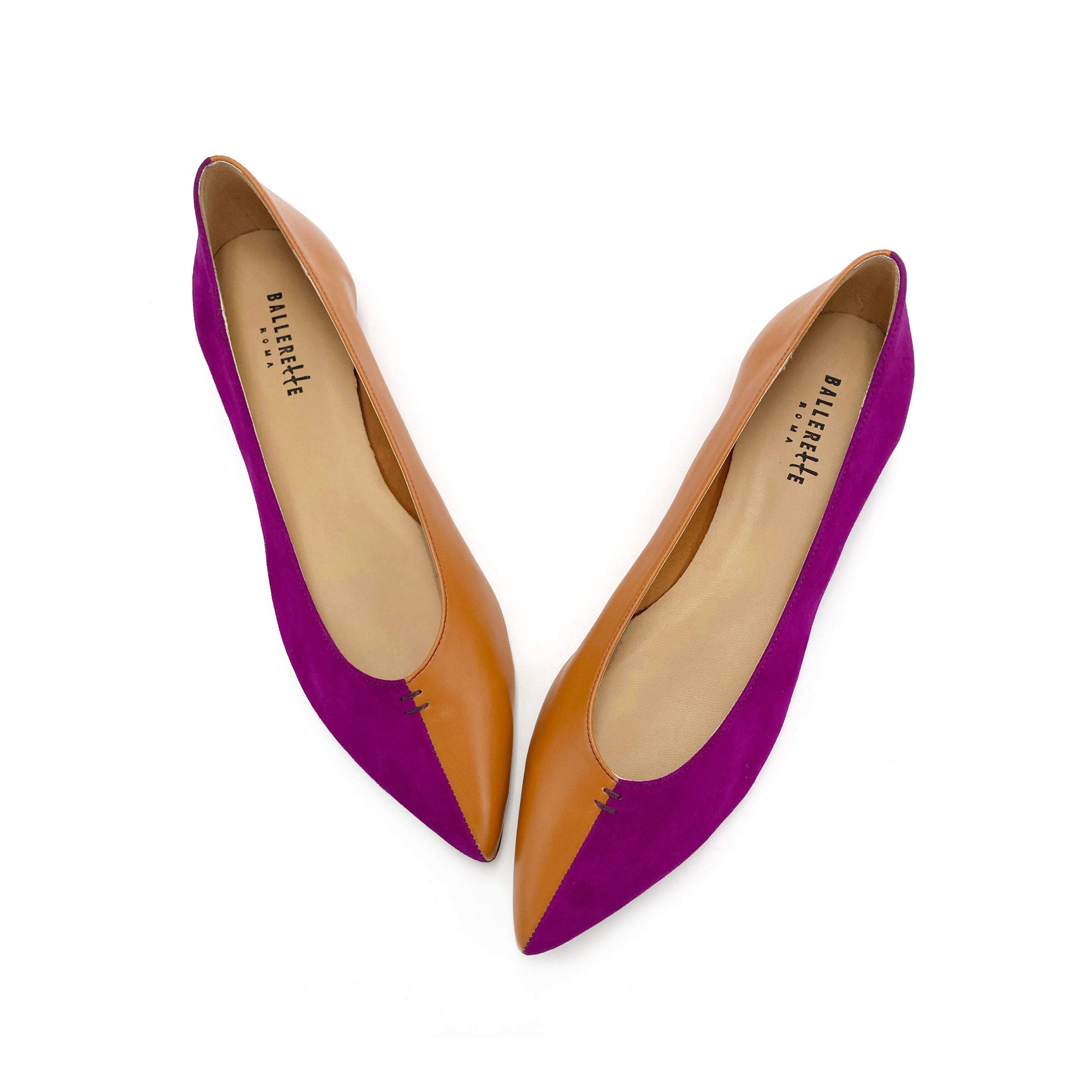 Bicolor pointed toe ballet flats brown and purple