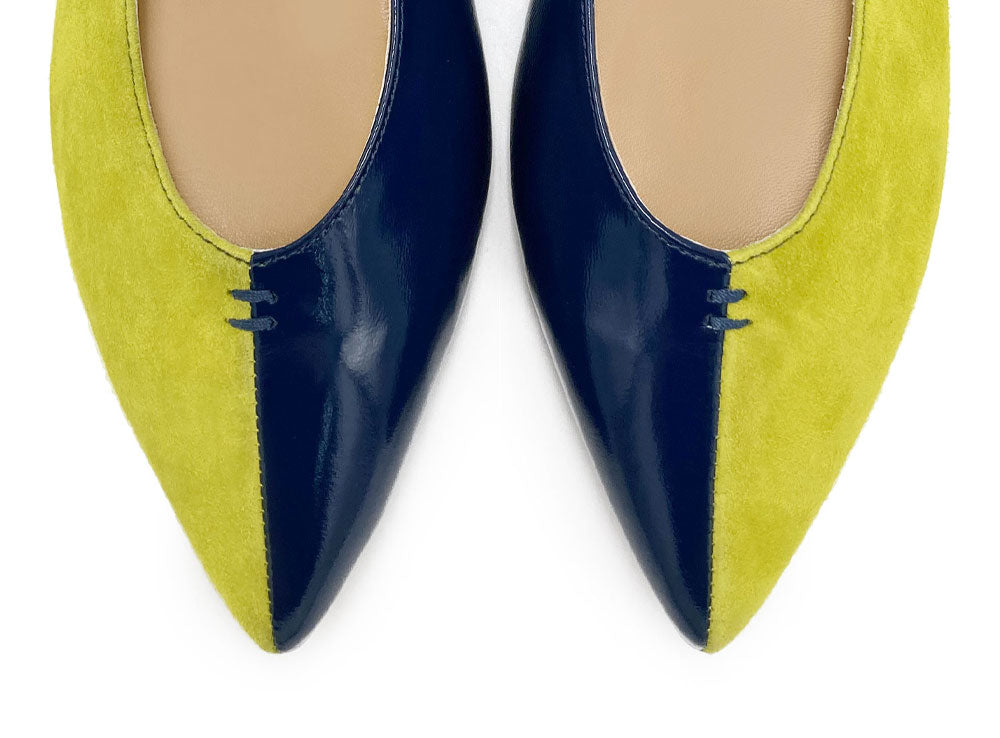 Bicolor pointed toe ballet flats blue and lime